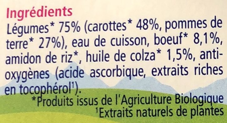 Bol Purée De Pommes De Terre Carottes B?uf Hipp 190 g + - المكونات - fr