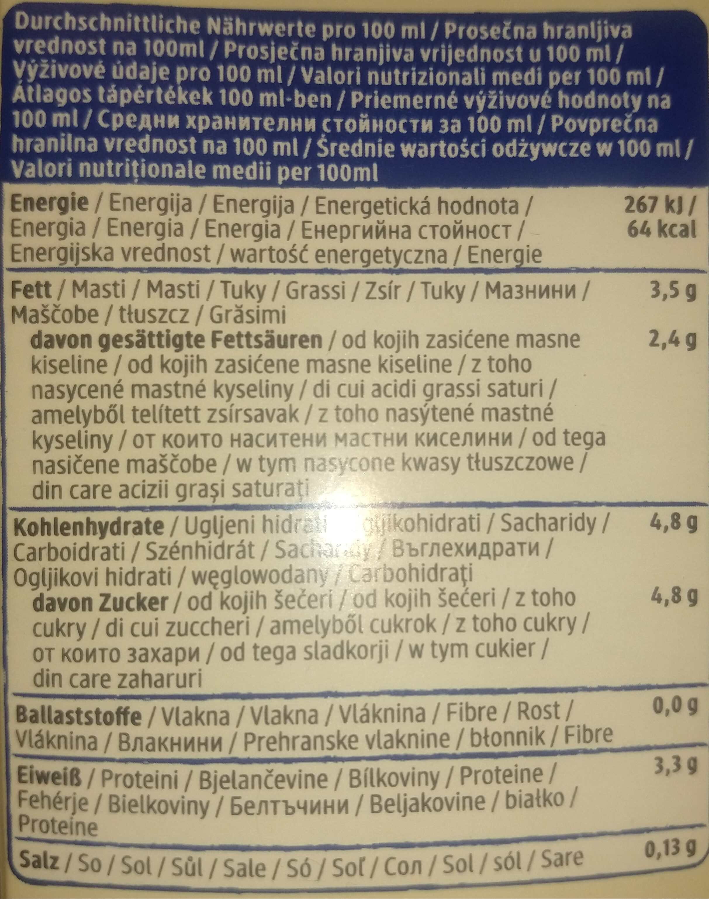 Haltbare Alpenmilch, Bio H-Vollmilch 3,5 % Fett - Nährwertangaben