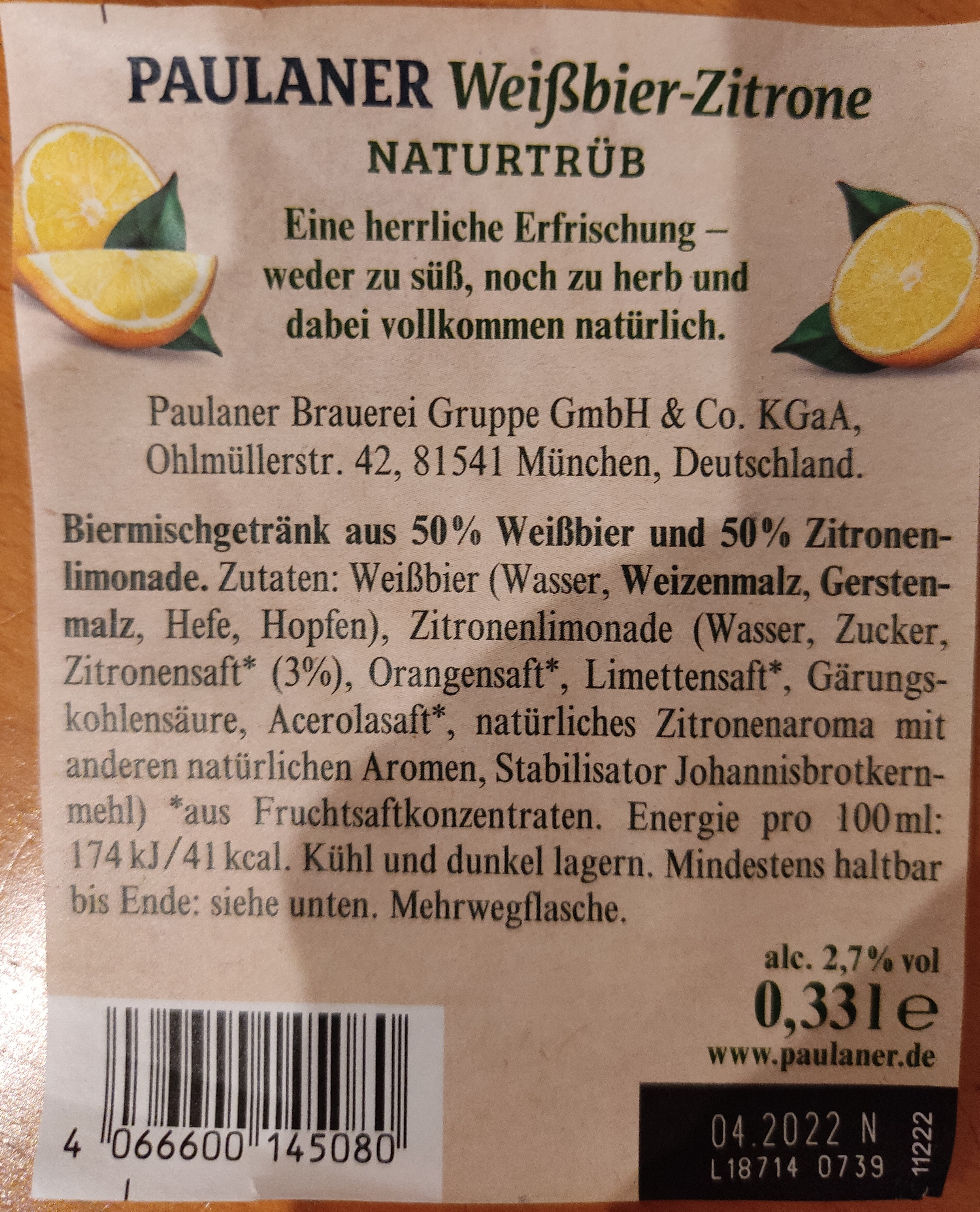 Weißbier-Zitrone, naturtrüb - Zutaten