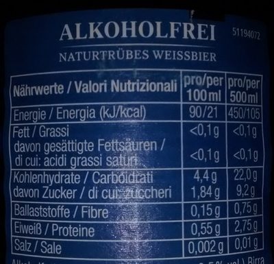 Franziskaner Weissbier Alkoholfrei 0,5 L - Nährwertangaben - en