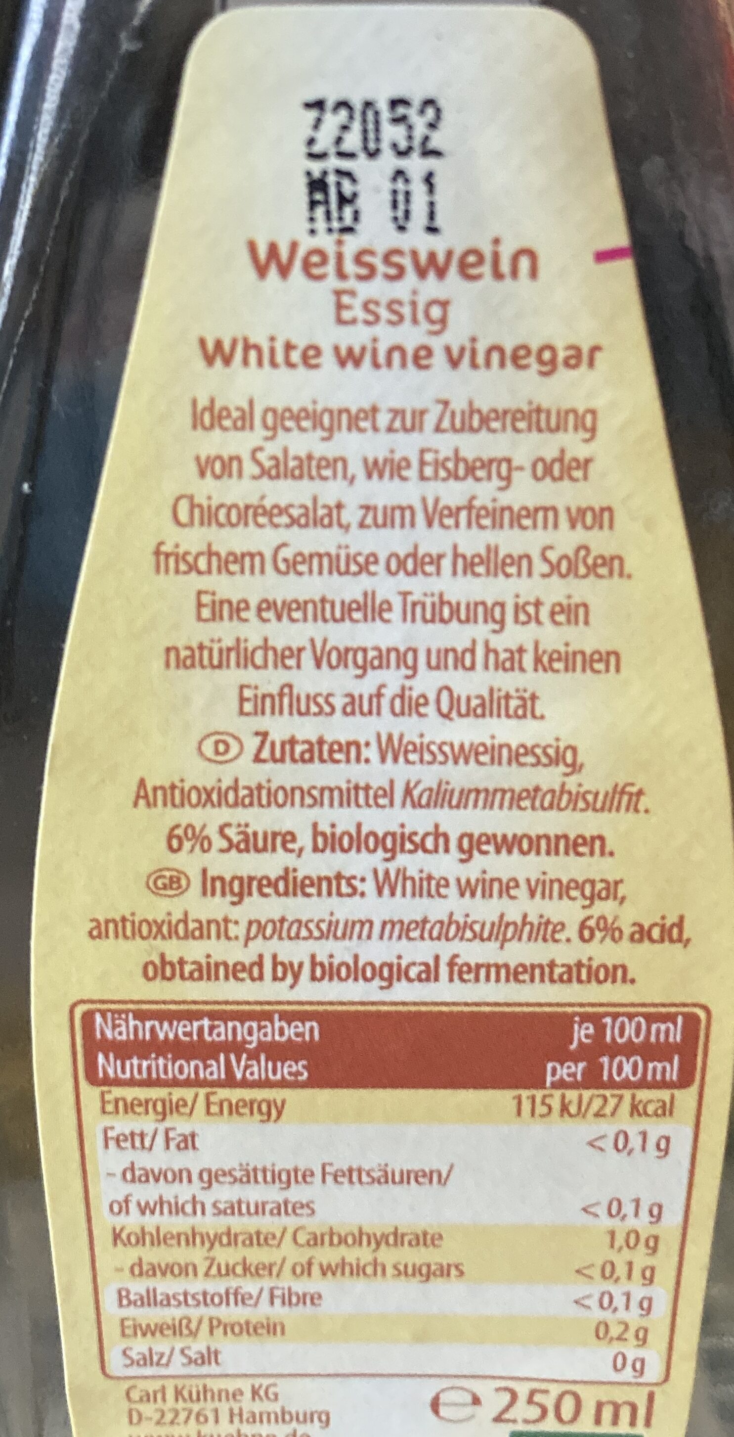 Weisswein Essig (lieblich) - Nährwertangaben