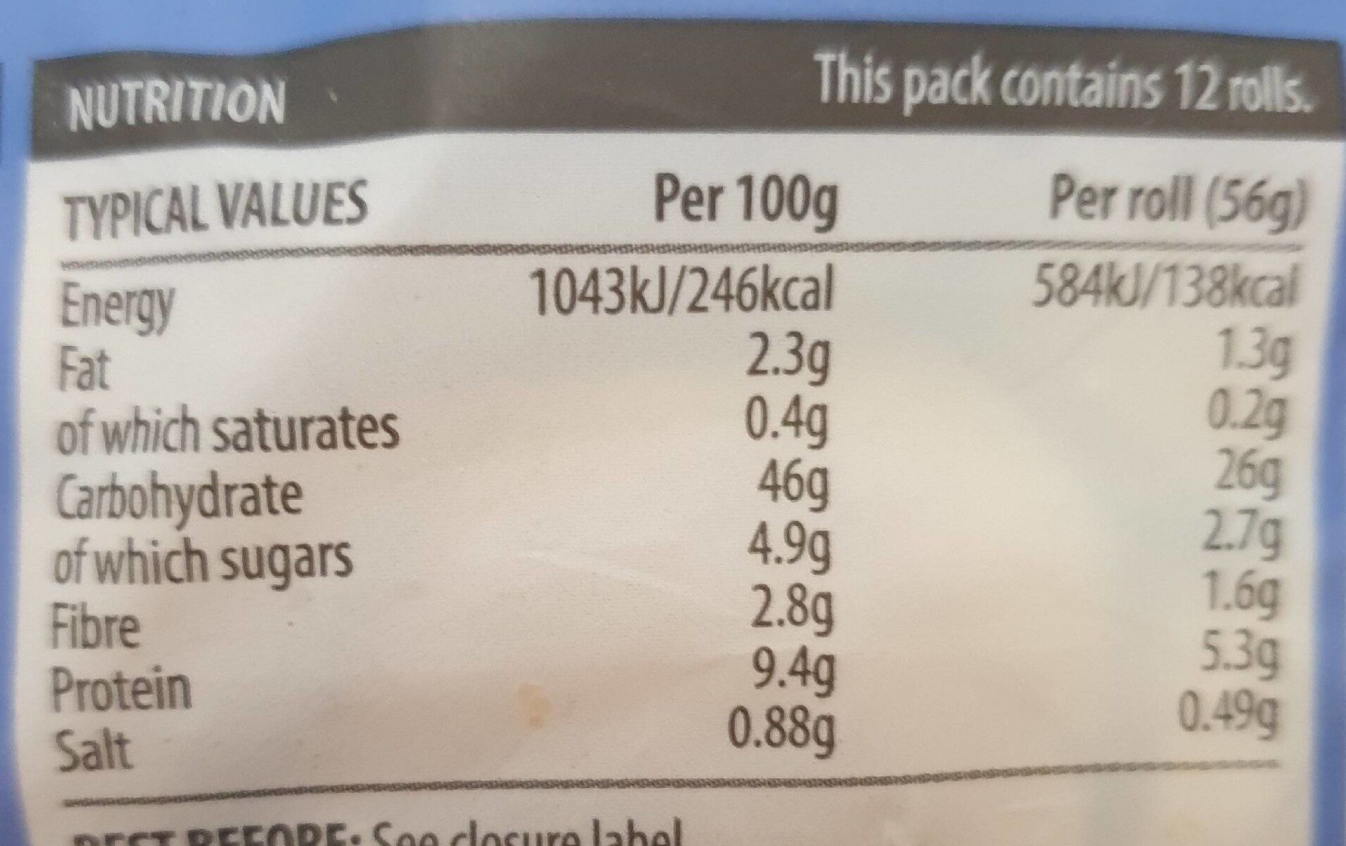 White Sliced Rolls - Nutrition facts