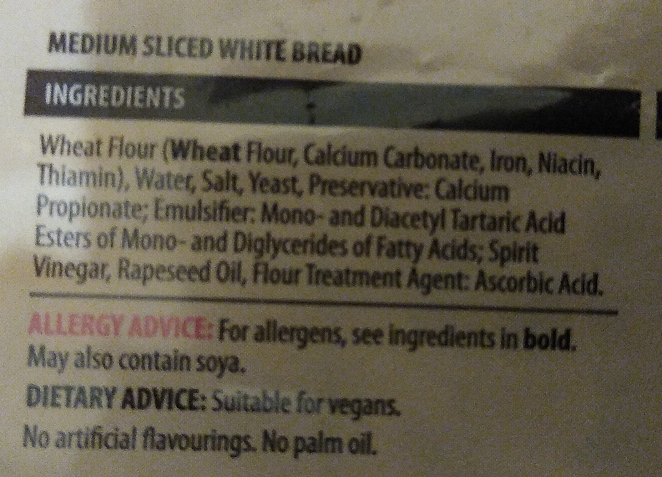 Medium Sliced White Bread - Zutaten - en