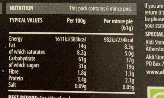 All butter 6 classic mince pies with brandy and cognac - Nutrition facts