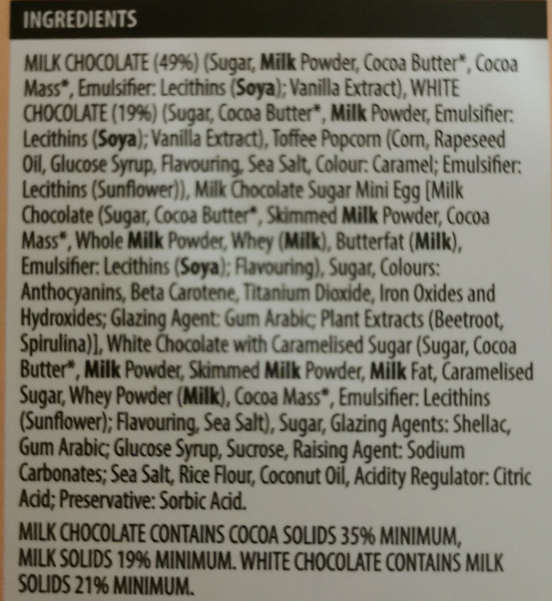 Milk chocolate sweet popcorn egg - Ingredients