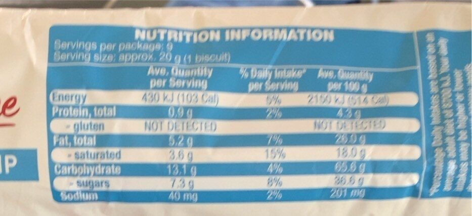 Gluten-free chocolate chip biscuit - Nutrition facts