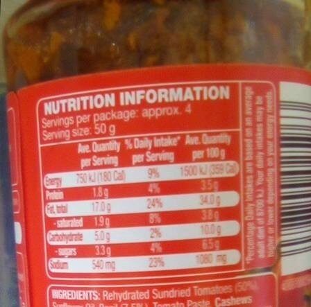 Sundried Tomato - Nutrition facts