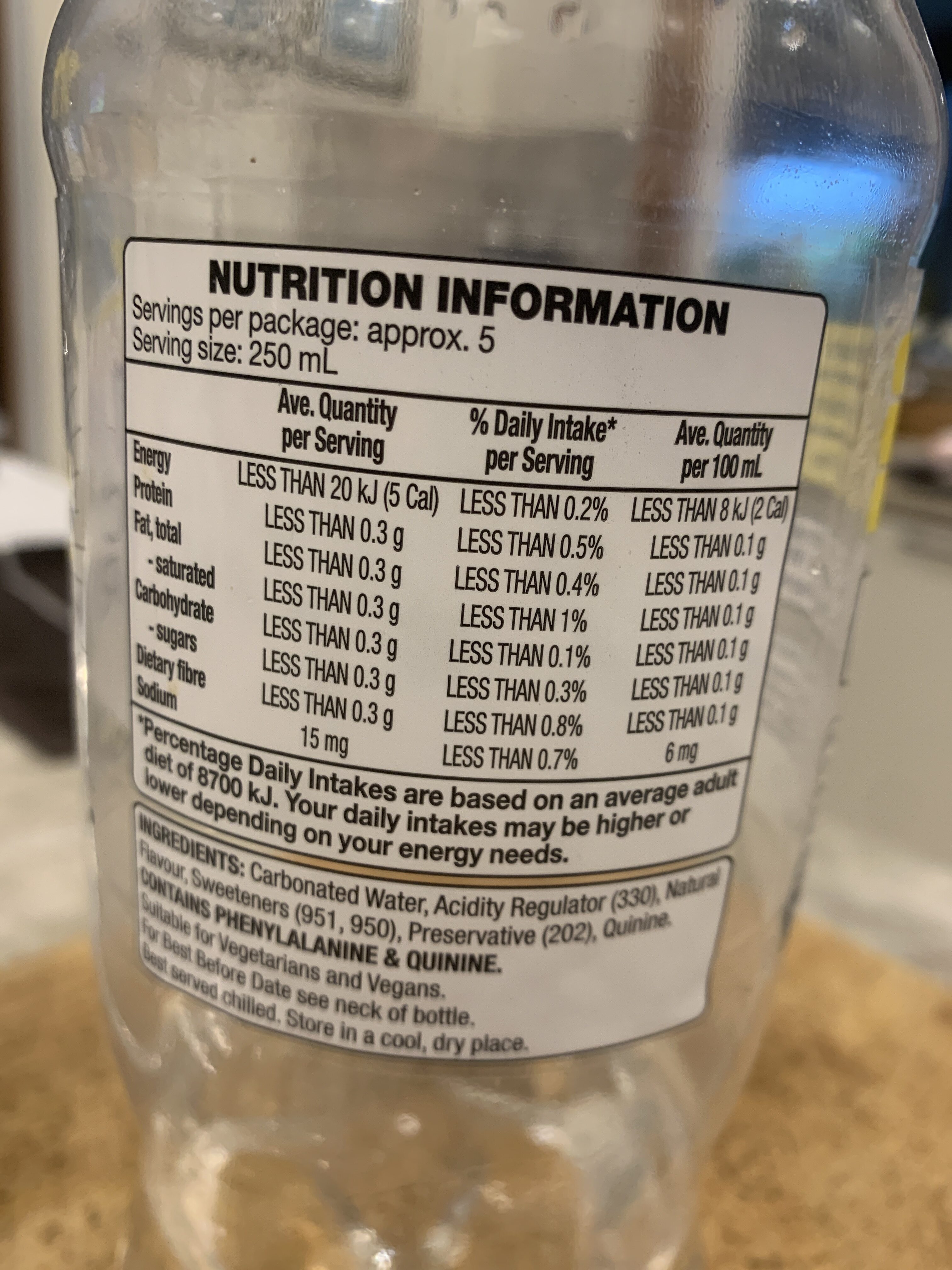 Diet Tonic Water - Nutrition facts