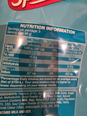 Sprinters Thin Cut sour cream and onion - Nutrition facts