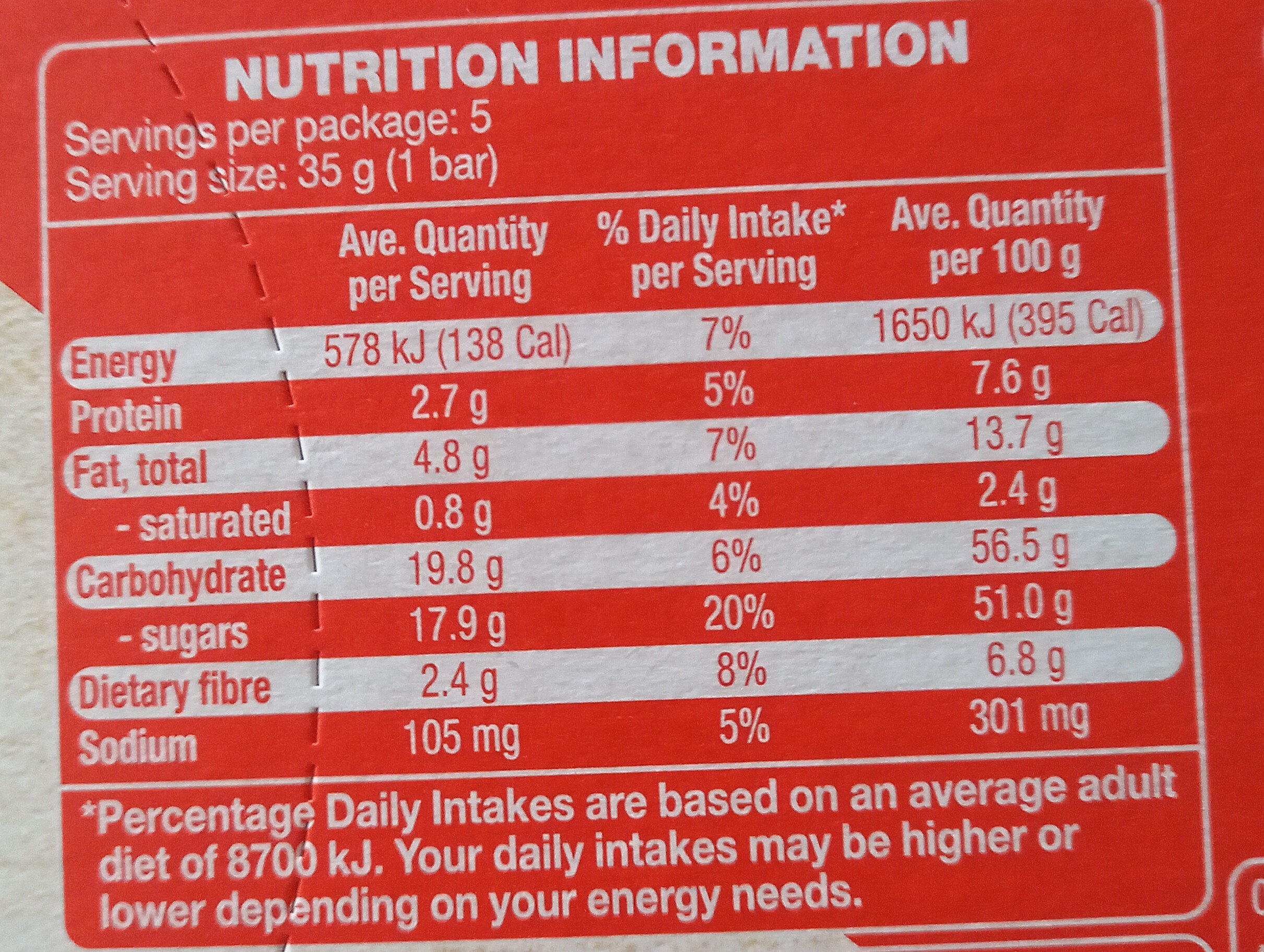 Snack Bars Salted Caramel - Nutrition facts