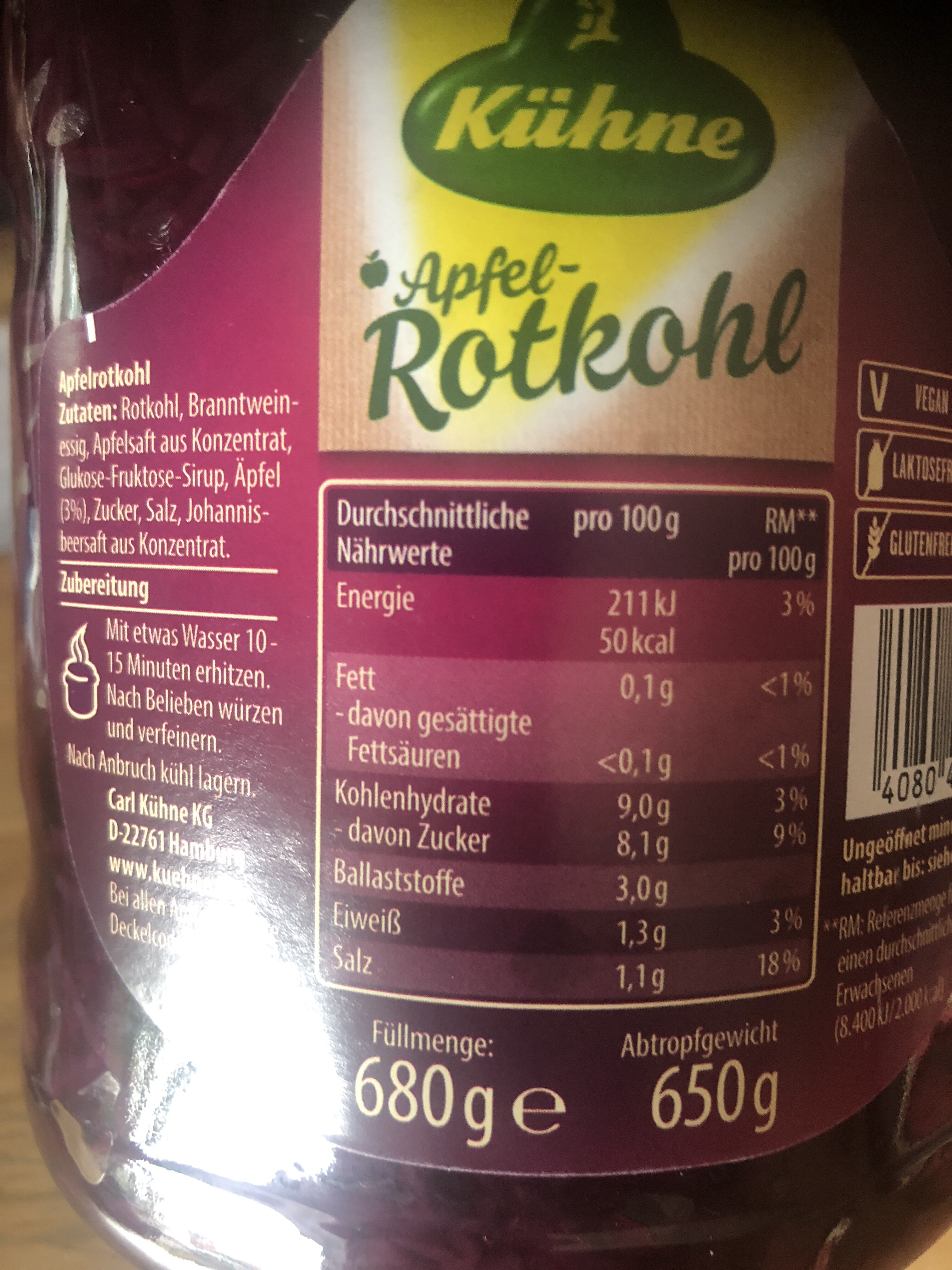 Rotkohl - Tableau nutritionnel