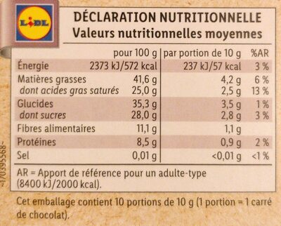 Chocolat noir bio cacao 70% - Informació nutricional - fr