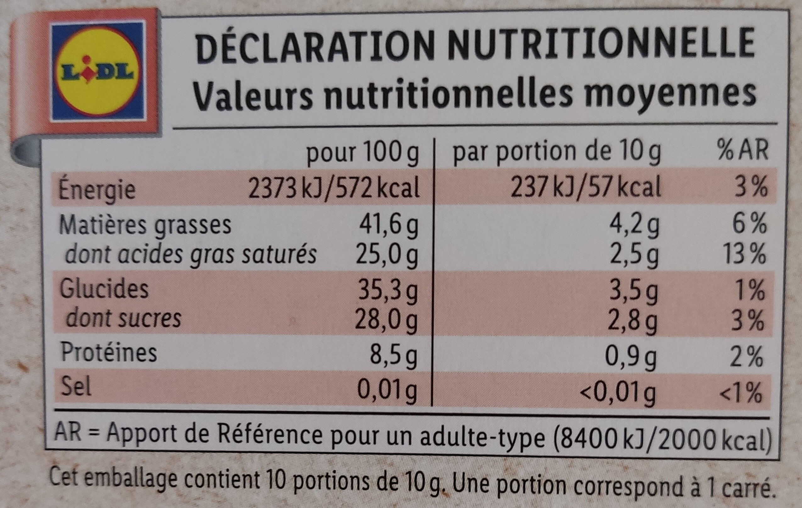 Chocolat noir bio 70% - Dados nutricionais - fr