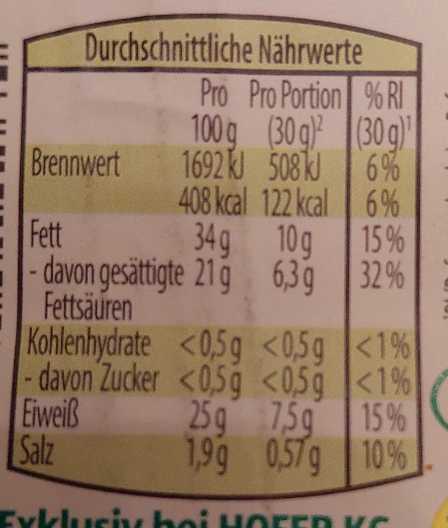 Bergbauern Heumilch Sennkäse natur - Tableau nutritionnel - de