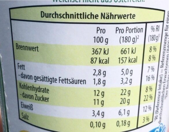 Gerührte Sauermilch Weichsel - Tableau nutritionnel - de