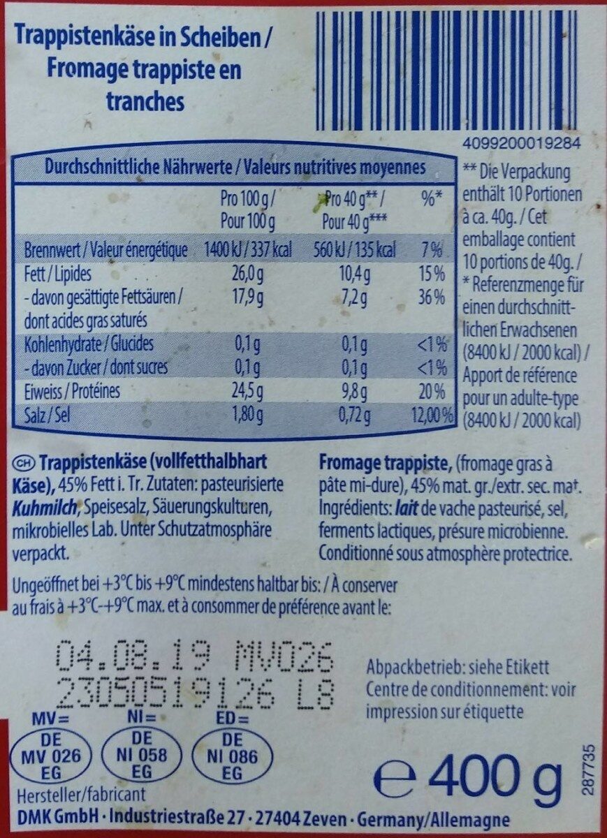 Milfina trappisten käse - Nutrition facts - fr