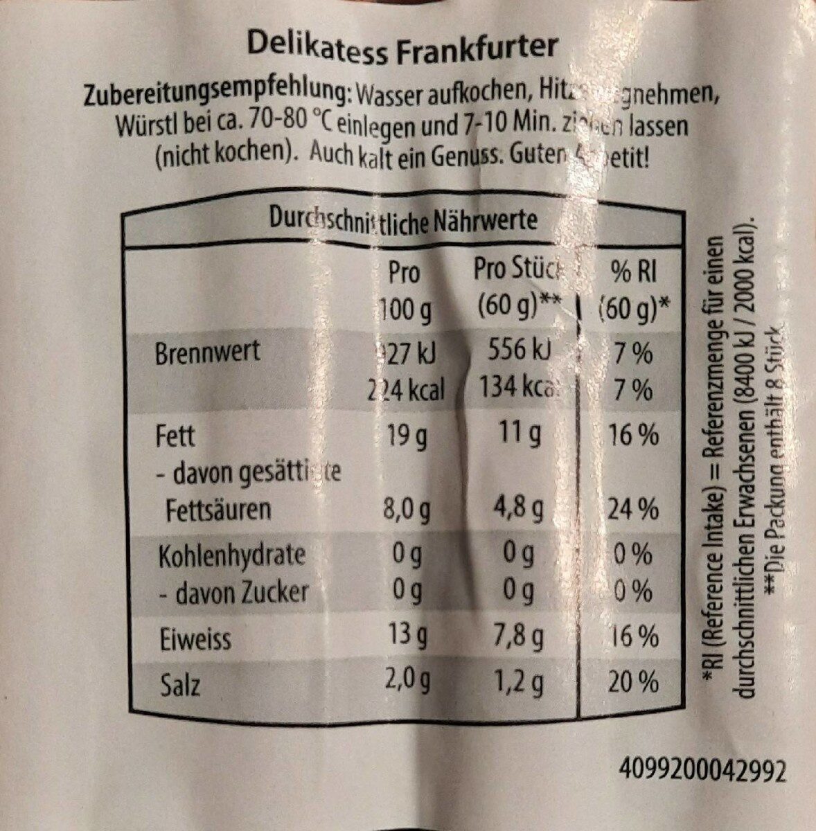 Delikatess Frankfurter - Nährwertangaben