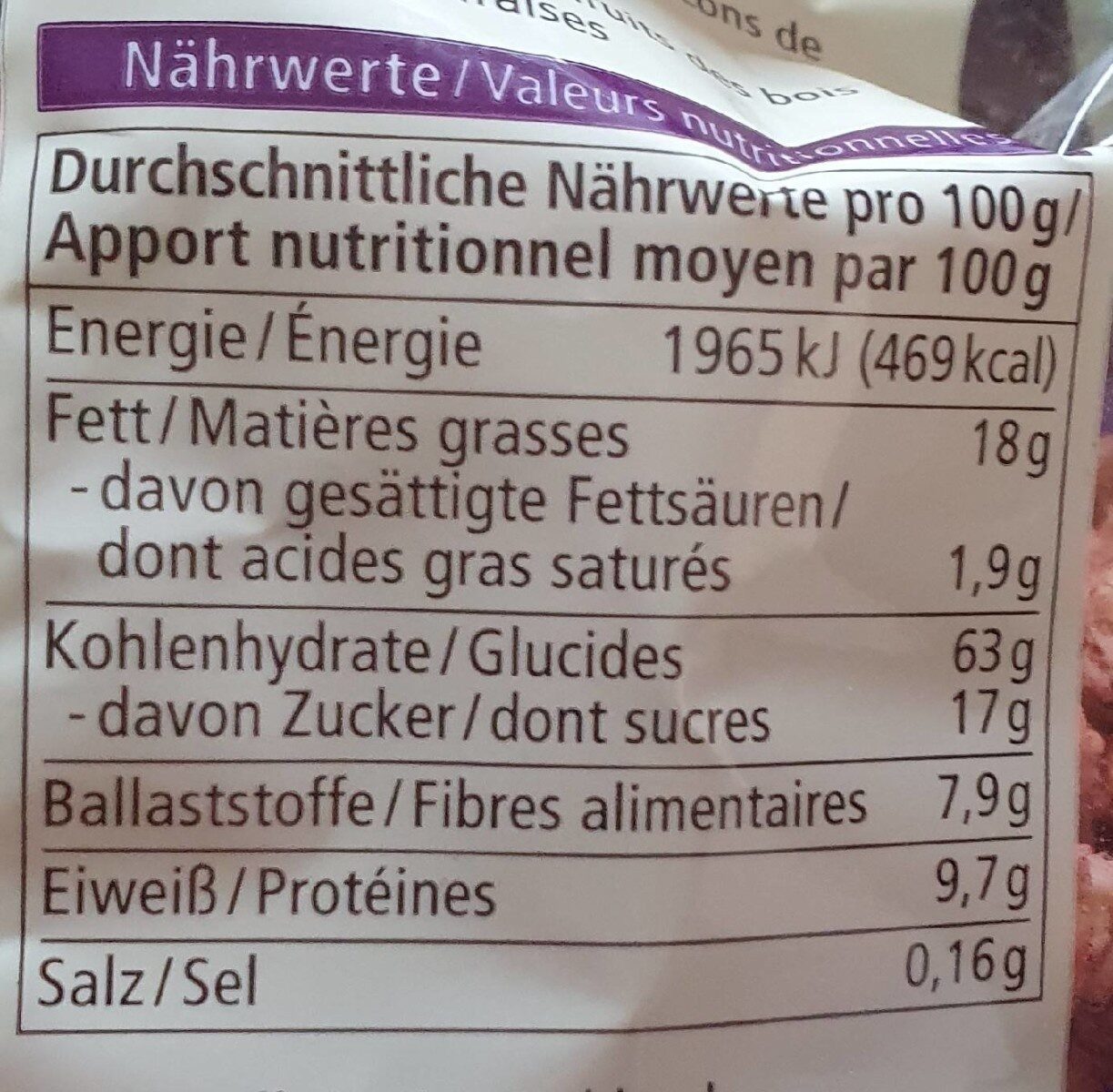 Waldbeere Hafer Crunchy - Tableau nutritionnel