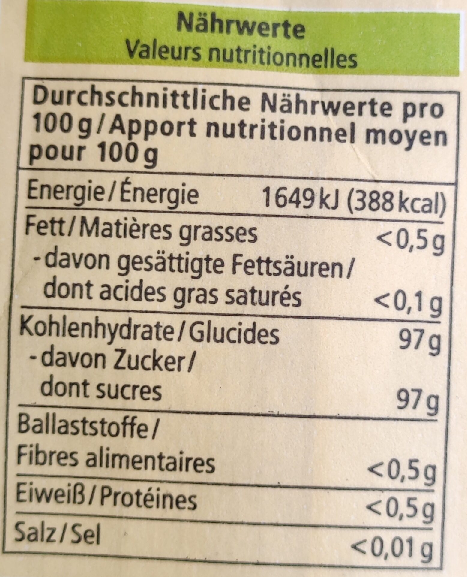 Rohrohrzucker - Nutrition facts - de
