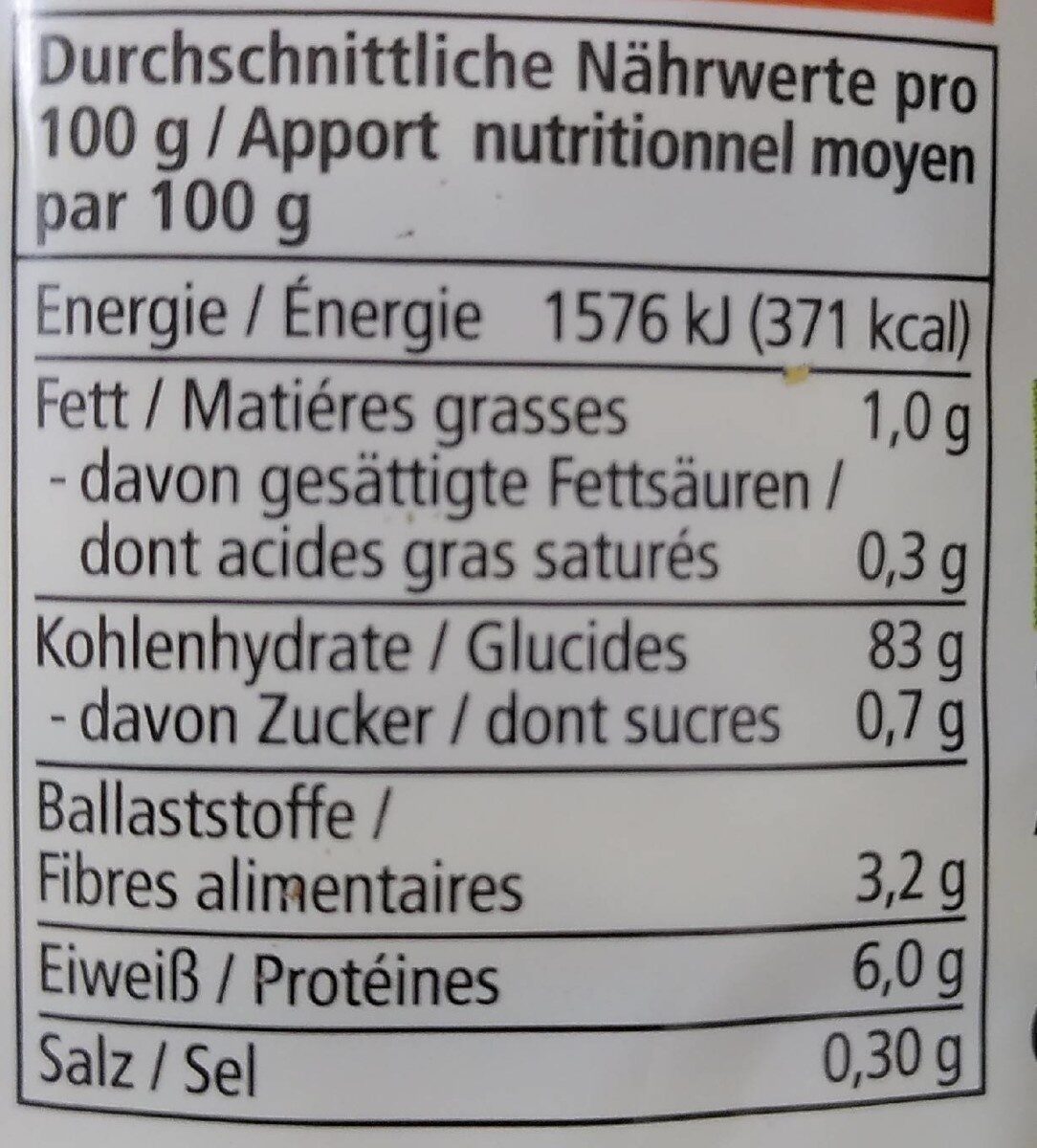 Maiswaffeln - Tableau nutritionnel