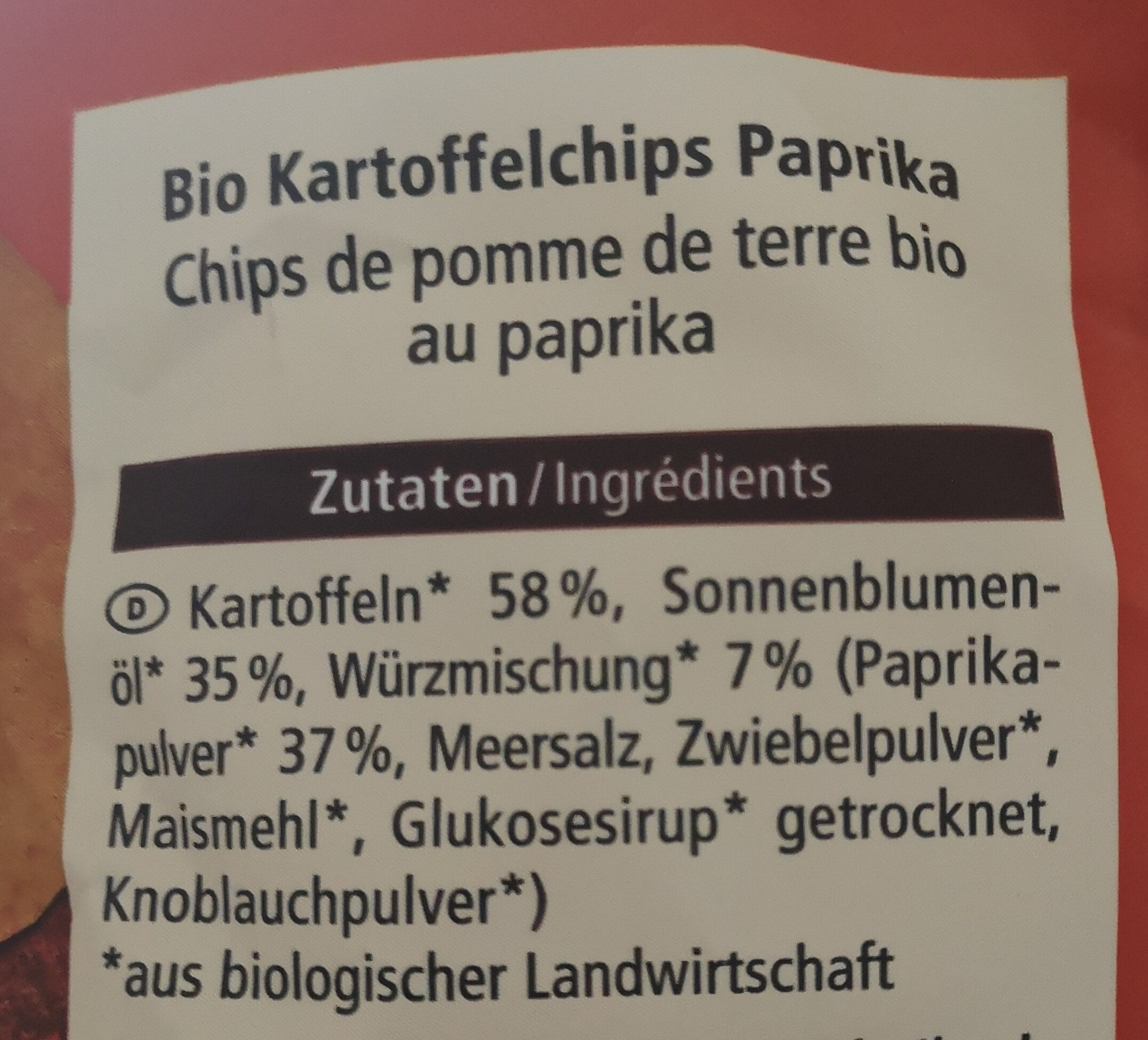 Bio Kartoffelchips Paprika - Zutaten