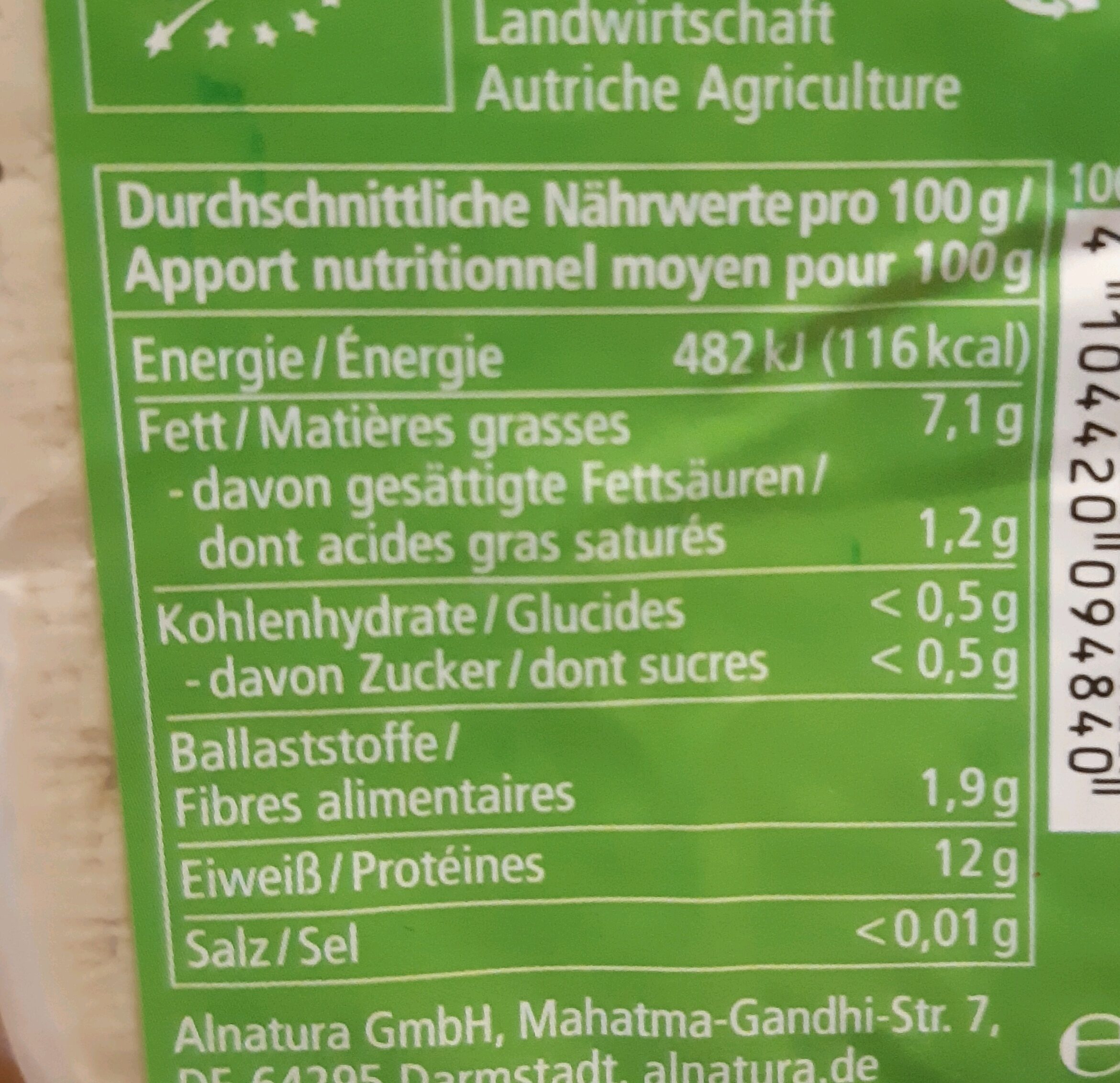 Tofu natur haltbar - Nährwertangaben
