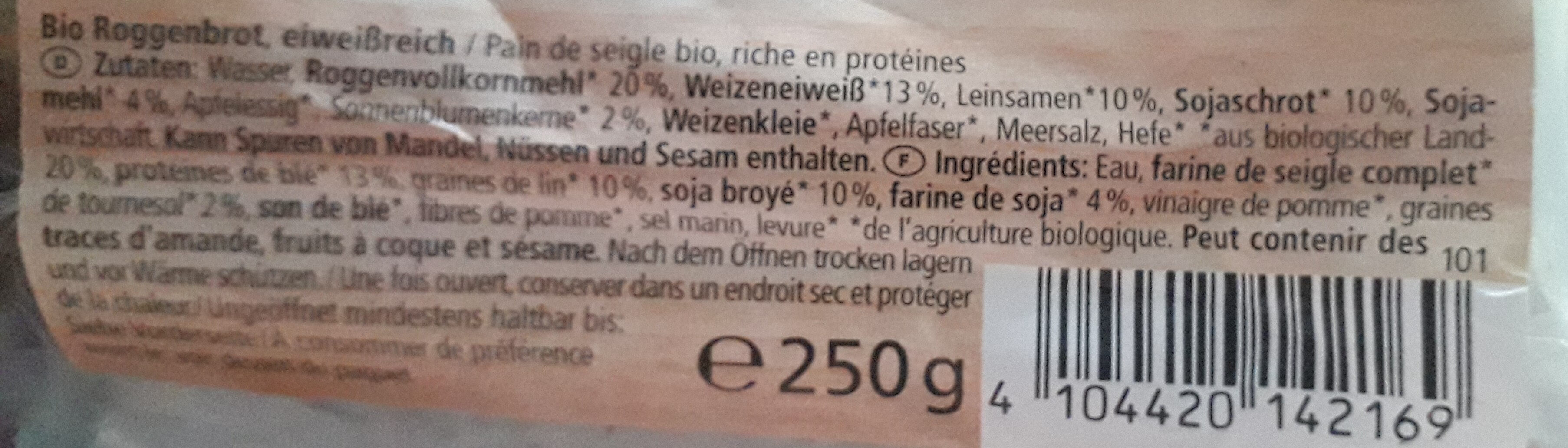 Bio Eiweißbrot, 0,25 KG, 5 Scheiben á - Zutaten - fr