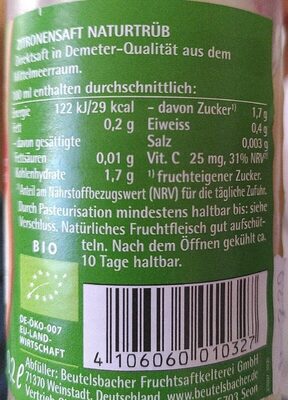 Zitronensaft - Nutrition facts - fr