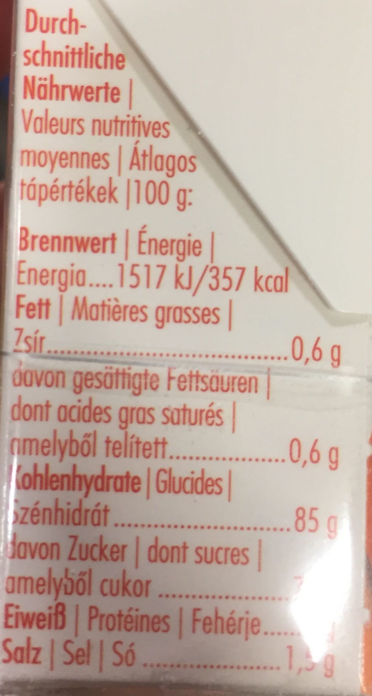 Schulstoff Orange - Tableau nutritionnel - de
