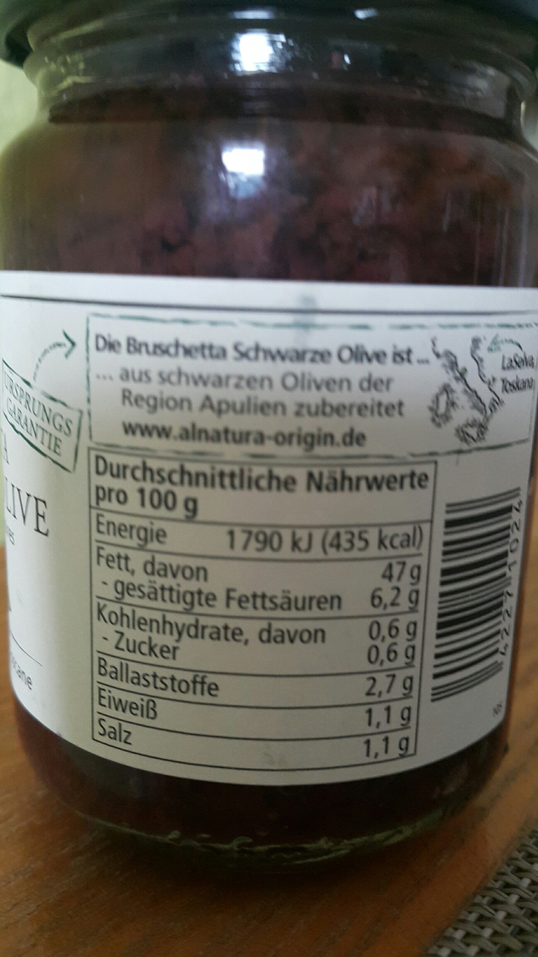 Bruschetta Schwarze Olive - Tableau nutritionnel