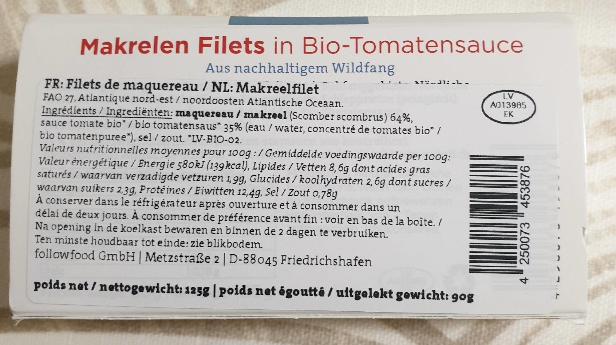 Filets de maquereau à la sauce tomate bio - Voedingswaarden - fr