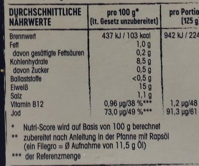 Fisch-Filegro, Rosmarin Zitrone - Tableau nutritionnel
