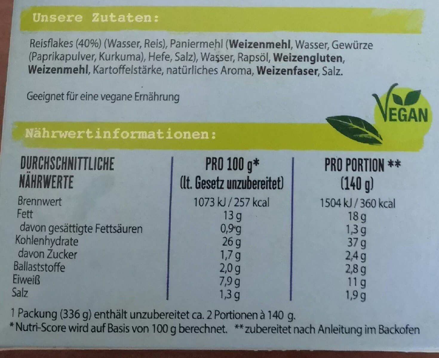 Vegane Fischstäbchen - Tableau nutritionnel - de