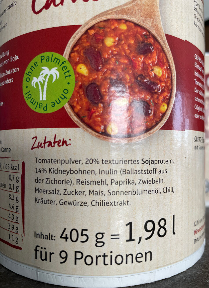 GEFRO Chili sin carne - Zutaten