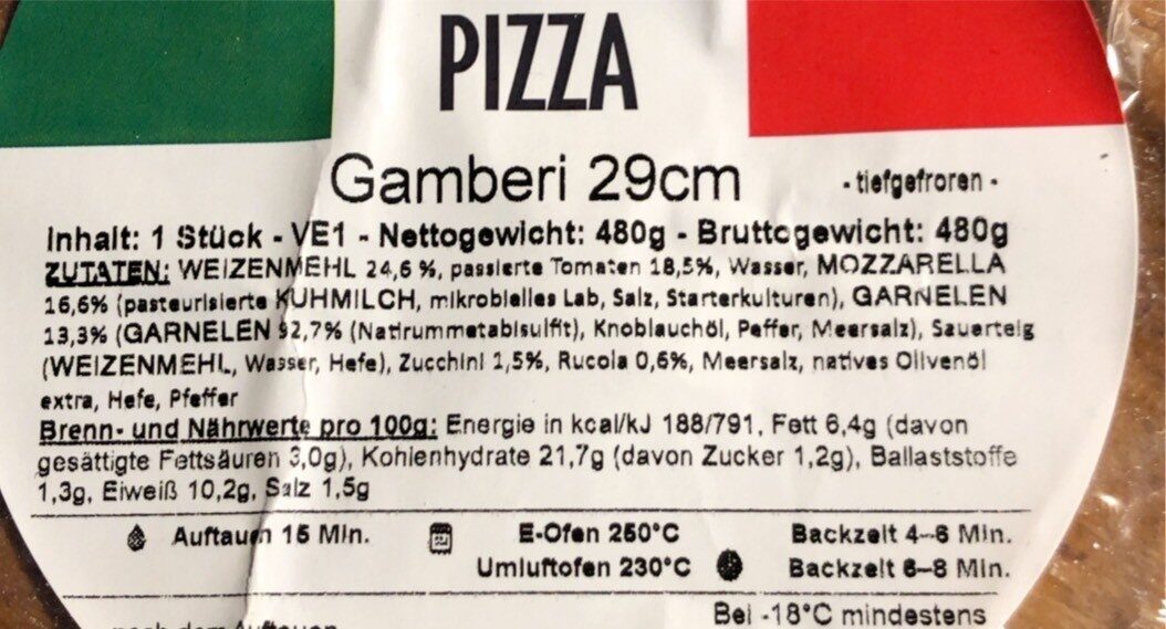 Pizza Gamberi 29cm - Nährwertangaben