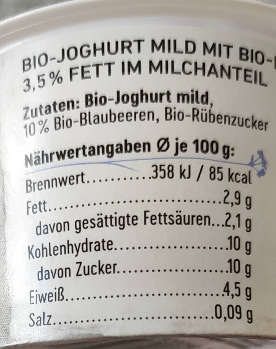 Bio Joghurt Blaubeere - Nährwertangaben