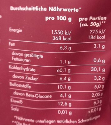 Bio Porridge - Información nutricional - de