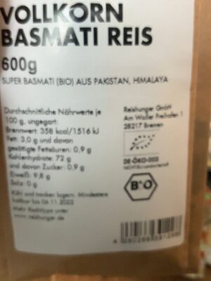 Vollkorn Basmati Reis - Ingredients - de