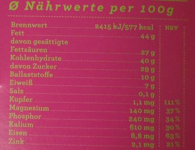 Schokolade Himbeere 69% - Nährwertangaben