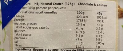 Natural Crunch Schoko & Cashew - Nutrition facts - fr