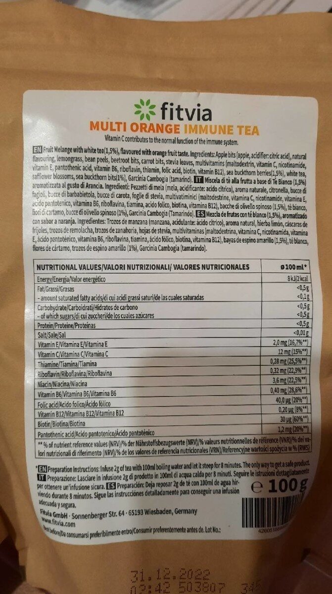 Multi orange immune tea - Nutrition facts - es
