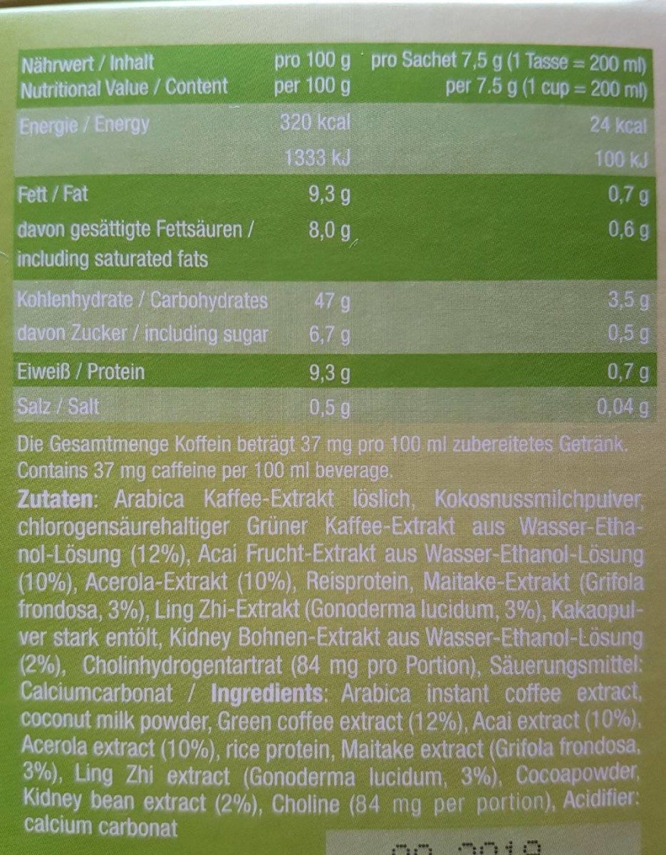 h-sun+ green coffee - Tableau nutritionnel