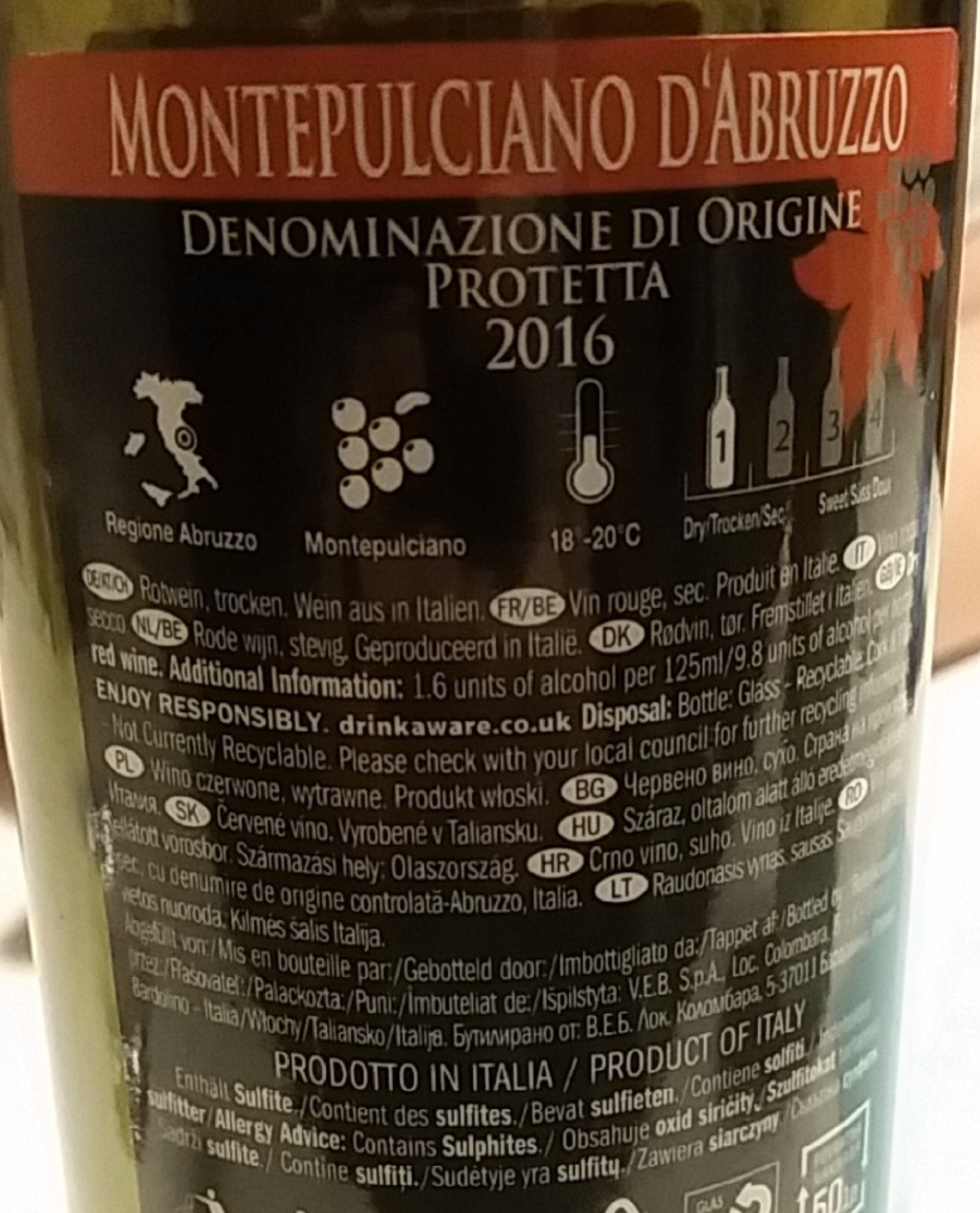 Montepulciano D'abruzzo Denominazione Di Origine Protetta 2016 - Ingredienser - it