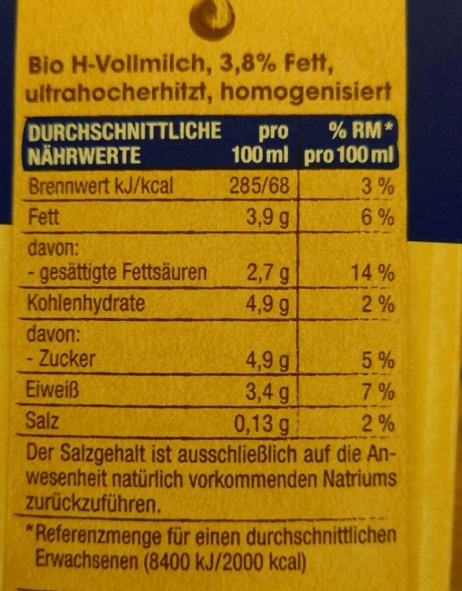 H-Vollmilch 3,8% Fett - Información nutricional - de
