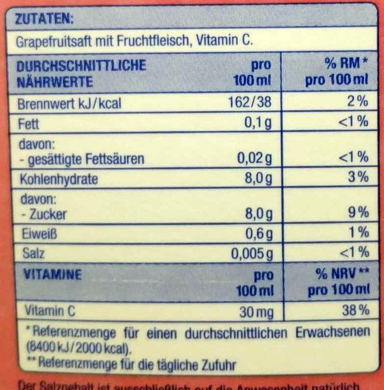 Grapefruit Direktsaft mit Fruchtfleisch - Información nutricional - de