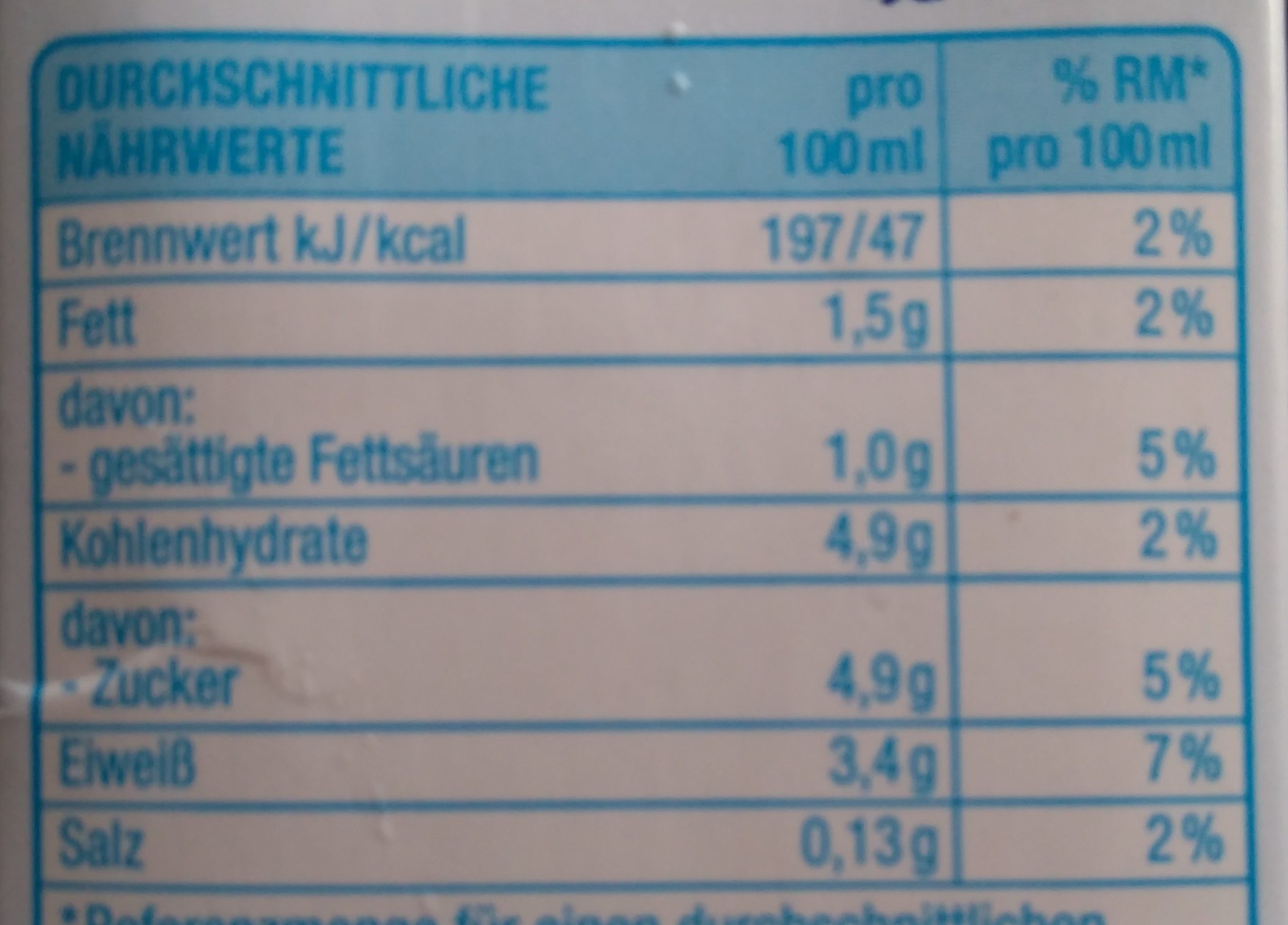 H-Milch 1,5 - Tableau nutritionnel - de
