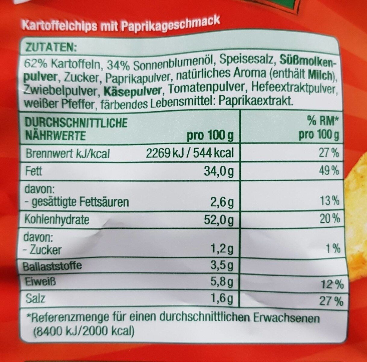 Chips for Friends Paprika - Nährwertangaben