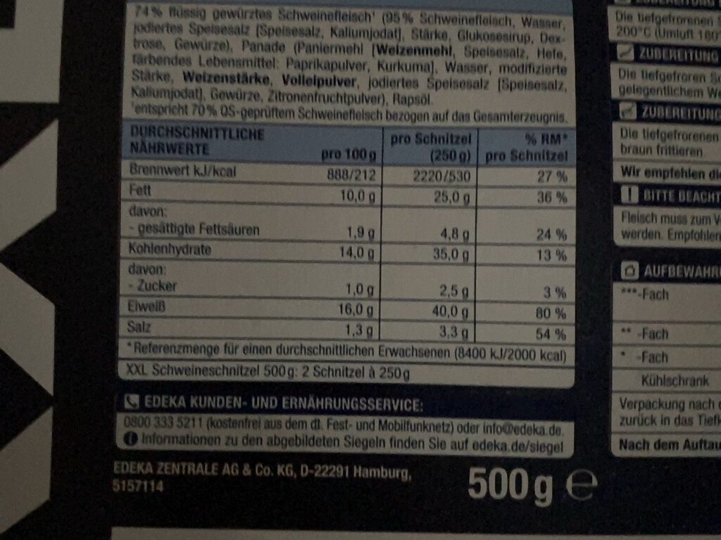 Schweineschnitzel XXL - Tableau nutritionnel - en