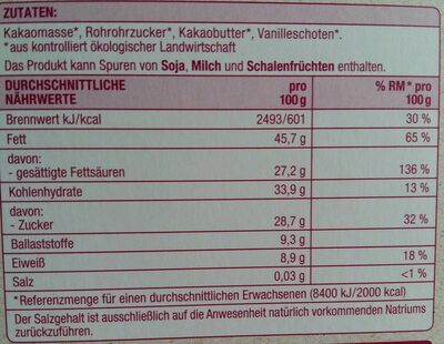 Bio Schweizer Zartbitter Schokolade 70% - Nährwertangaben