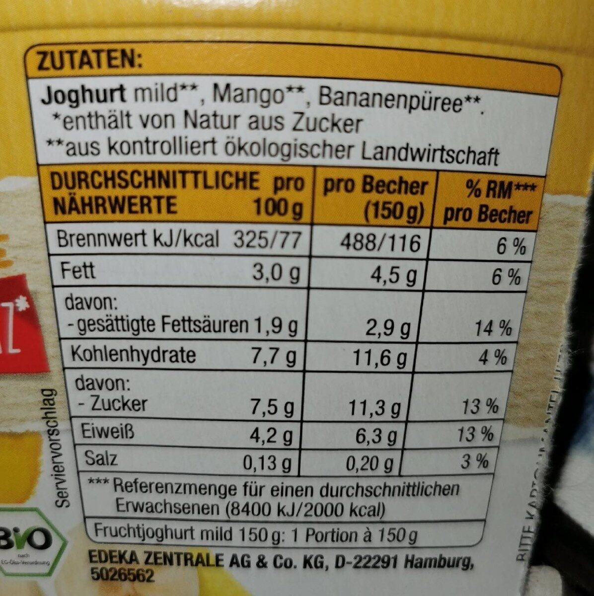 Nur Frucht-Joghurt Mild Mango-Banane - Nutrition facts - de